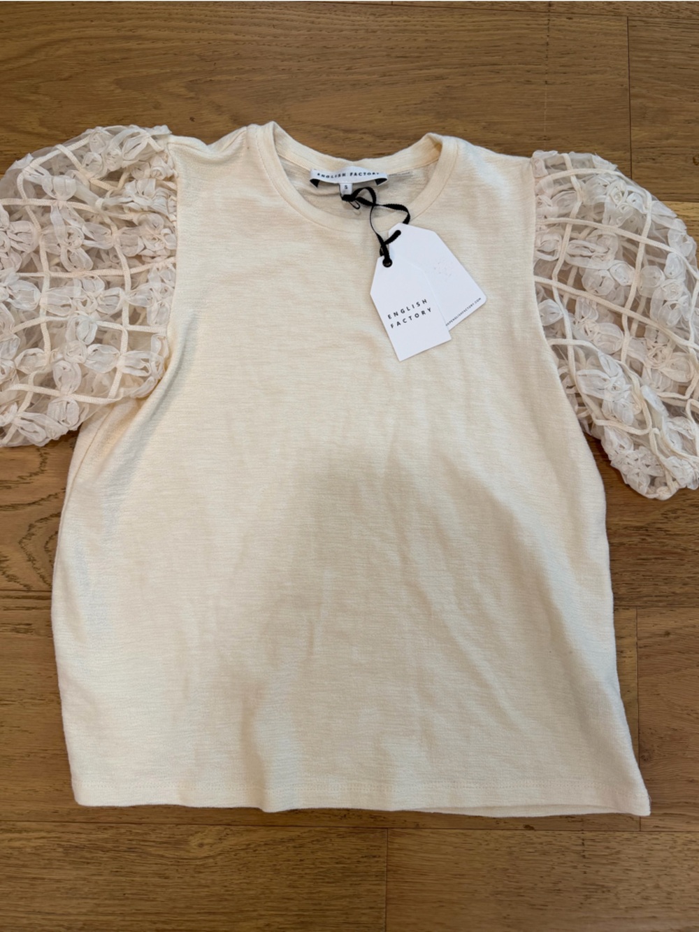 English Factory Cream Knit Top with Sheer Lace Puff Sleeves